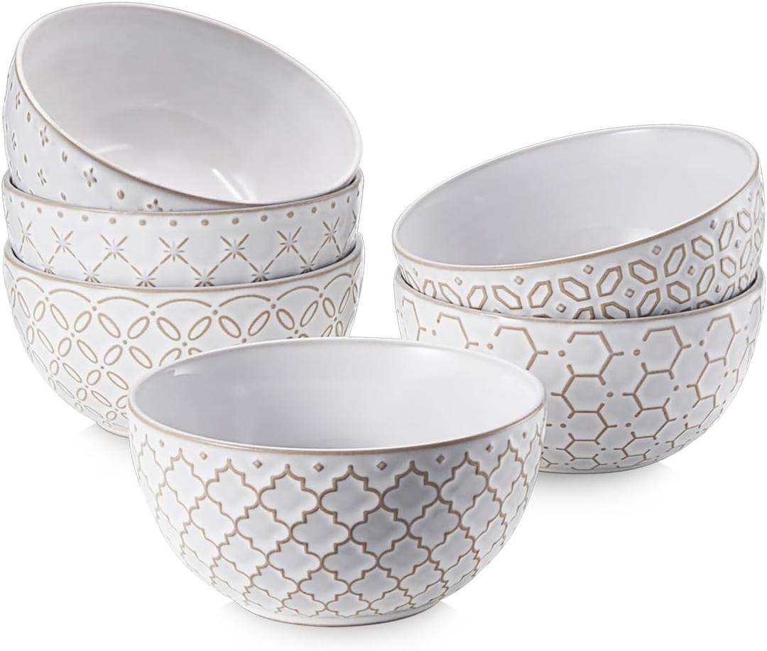 DOWAN Ice Cream Bowls 9 OZ, Small Bowls Set of 6, 4.5 Inch Ceramic Embossment Stoneware Bowl, Kitchen Decor&Housewarming Gift, White Bowls Set for Dessert, Fruits, Snack, Dishwasher & Microwave Safe