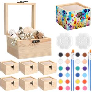 Chunful 6 Set Unfinished Wood Boxes with Hinged Glass Lid 4.72 x 4.72 x 3.15 Inch Small Wooden Treasure Chest Box for Craft 6 Acrylic Paint, 12 Brush, 6 Palette for DIY Storage Jewelry Keepsake Gifts