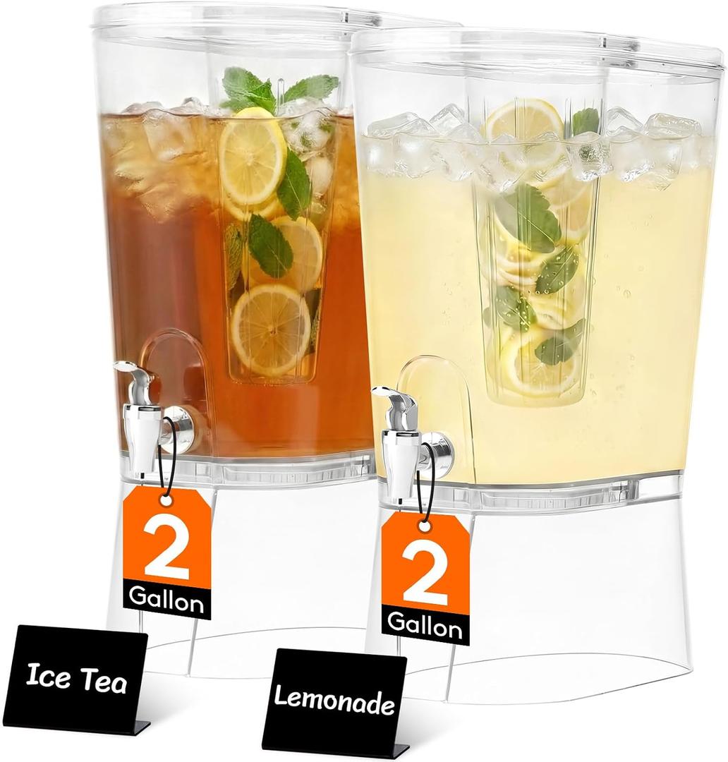 Lifewit 2 Gallon Drink Dispenser for Parties 2 Pcs, Large Plastic Beverage Container for Juice/Tea/Soda with Stand & Ice Core, Clear Lemonade Dispenser with Spigot, BPA Free Water Pitcher for Hosting