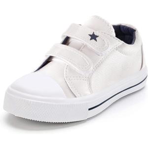 K KomForme Toddler Boys & Girls Shoes Kids Canvas Sneakers with Cartoon Dual Hook and Loops (White)