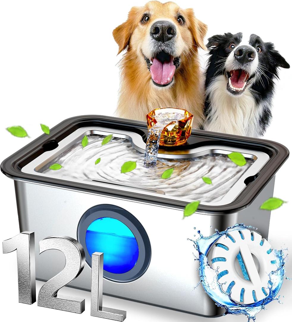 Large Dog Water Fountain SS304,12L Ultra-Purification Pet Drinking Dispenser with Visual Window,Widely Drinking Area,Deep Purification Filter,Triple Waterfall Structure,Low Water Indicator