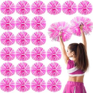 Yunsailing 24 Pack Cheerleading Pom Poms with Baton Handle 14.5 Inch Metallic Cheering Squad Pompoms for Team Sports Football Dance Cheering Adults (Pink and White)