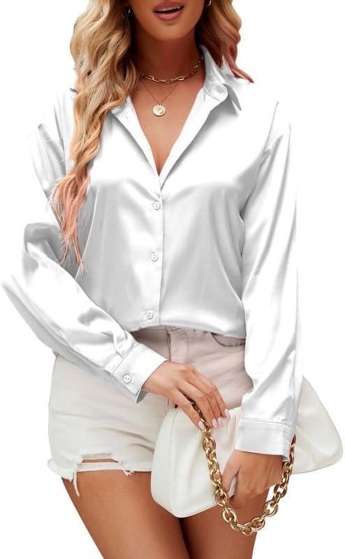 Damipow Satin Silk Button Down Shirts for Women Dress Shirts Long Sleeve Blouses Womens Shirts (X-Large, Classic White)