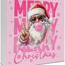 Pink Christmas Santa Wooden Box Sign, Pink Christmas Decorations, Preppy Girly Xmas Holiday Wood Signs for Bedroom Dorm Home Office Desk Table Shelf Decorations, 5x5 Inch