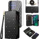 Asuwish Phone Case for Motorola Moto G Stylus 5G 2025 Zipper Detachable Wallet Cell Cover with Screen Protector Bling Crossbody Lanyard Strap Glitter Flip Card Holder Slot G5 Women Men Girls Black