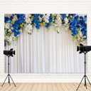 9x6ft White Wedding Backdrop White Blue Floral Flowers Photography Background Bride Groom Ceremony Party Bridal Shower Banner Decorations Engagement Proposal Portrait Photo Booth Prop