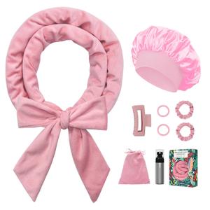 Gwabee No Heat Overnight Curl Headband, 70" Soft Ribbon Curl Wrap for Long Hair - 9 PCS Rods Set with Bonnet, Pink