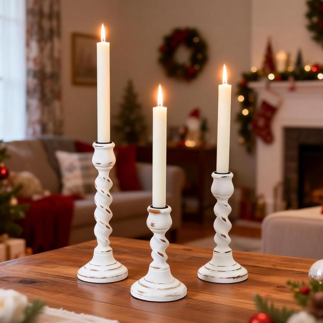 Pillar Candle Holder, 3 Pcs Rustic White Candle Holders Sets, 100% Solid Wood Decorative Candlestick Holders Distressed Wooden Farmhouse Decor Candle Holder Large for Fireplace Table