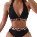 SweatyRocks Women's 2 Piece Leopard Print Swimsuit Halter Bikini Sets High Waist Bathing Suit (Large, Black)