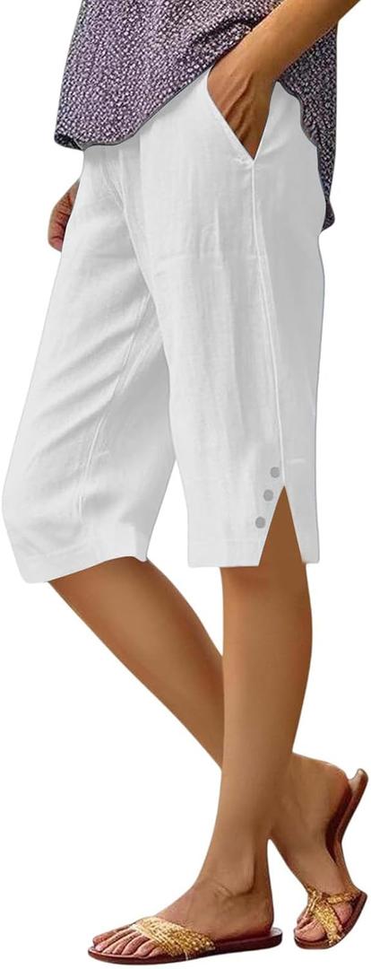 Cotton Linen Capri Pants for Women Petite Bermuda Shorts Knee Length Drawstring Pants Summer Beach Long Shorts (White, XL)