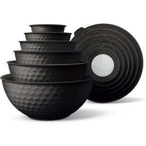 COOK WITH COLOR Mixing Bowls with Lids - 12 Piece Plastic Nesting Bowls Set includes 6 Prep Bowls and 6 Lids, Microwave Safe Mixing Bowl Set, Black Embossed