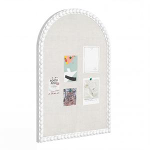 Fiwochic Linen Cork Bulletin Board with White Wood Frame and Beaded 24 x 18 in Decorative Arch Picture Pin Boards Boho Cute Vision Board for Home Office Study Bedroom and Dorm Wall Farmhouse Decor