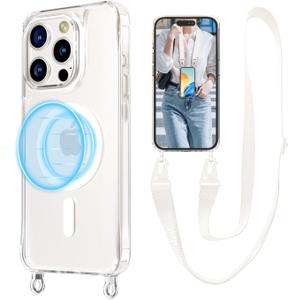 UnnFiko for iPhone 16e Case Compatible with Magsafe Clear, Crossbody Phone Case with Shoulder Strap, Shockproof Protection, Magnetic Phone Case for iPhone 16e (White Lanyard)