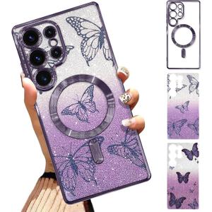 Case Fit for Samsung Galaxy S25 Ultra 6.9 Inch [Compatible with MagSafe] Glitter Bling Case [2 Pieces of Butterfly Design] Soft TPU Shockproof Anti-Scratch Phone Cover for Women - Purple