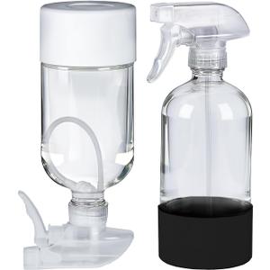 2 Pack 360 Glass Spray Bottles with Silicone Sleeve, 16 oz Empty Refillable Containers with Adjustable Spray Nozzles, Spray Bottles for Hair, Cleaning Solutions and Plants Black&White