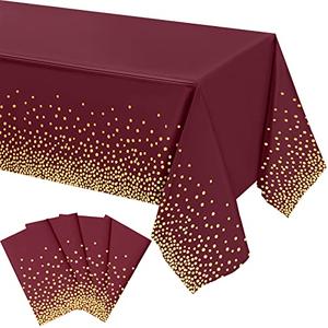 Tegeme 4 Packs Burgundy and Gold Plastic Table Cloths for Parties Disposable Maroon Ramadan Mubarak Tablecloths Decoration with Gold Stamping Dot 108 x 54'' for Birthday Graduation Ramadan Party