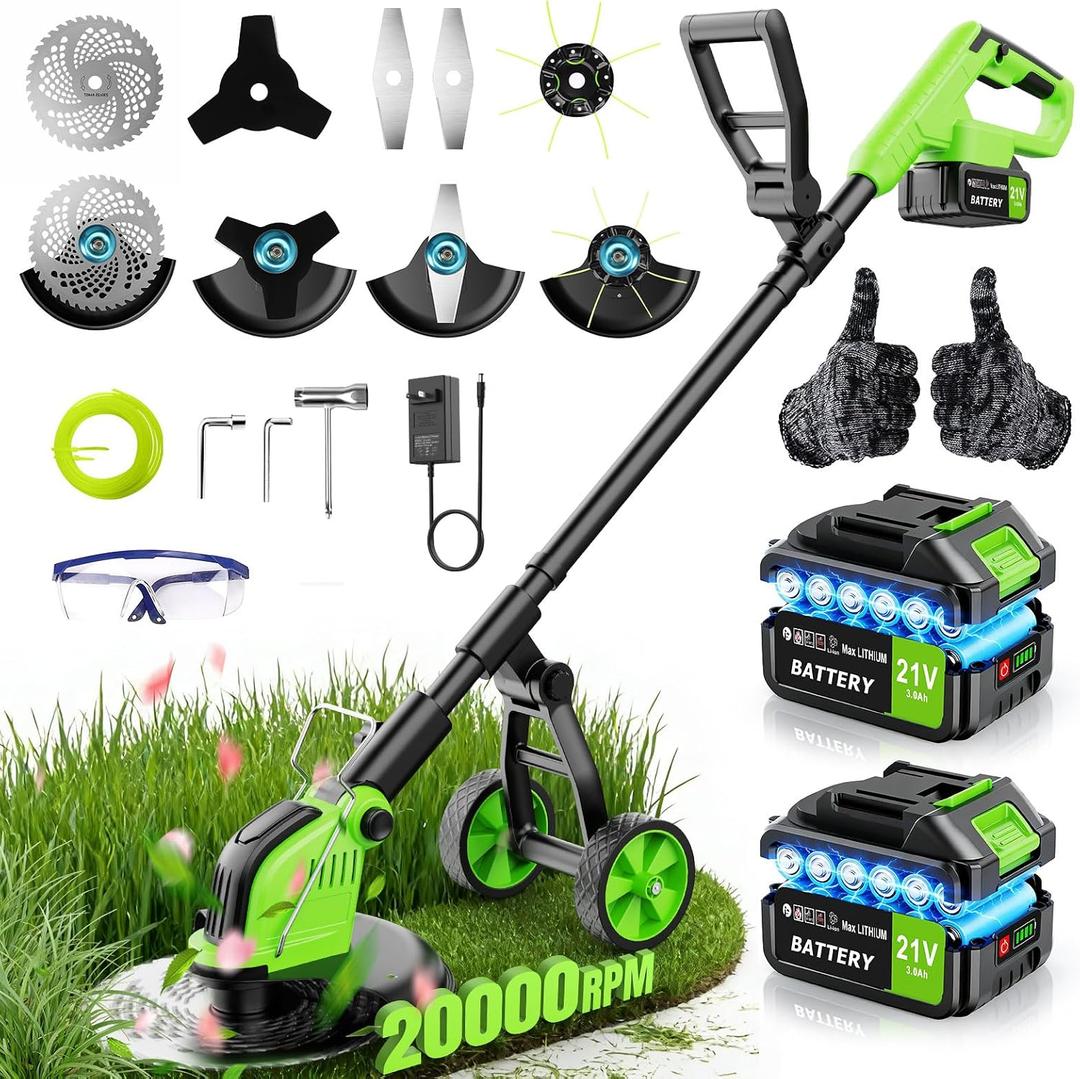 800W Brushless Cordless Weed Wacker with Wheels, Up to 20,000 RPM, 12" 4-in-1 String Trimmer, Weed Eater, Lawn Edger, Mini Mower & Brush Cutter, Foldable, 2×21V 4.0Ah Batteries, Up to 120 Min Runtime