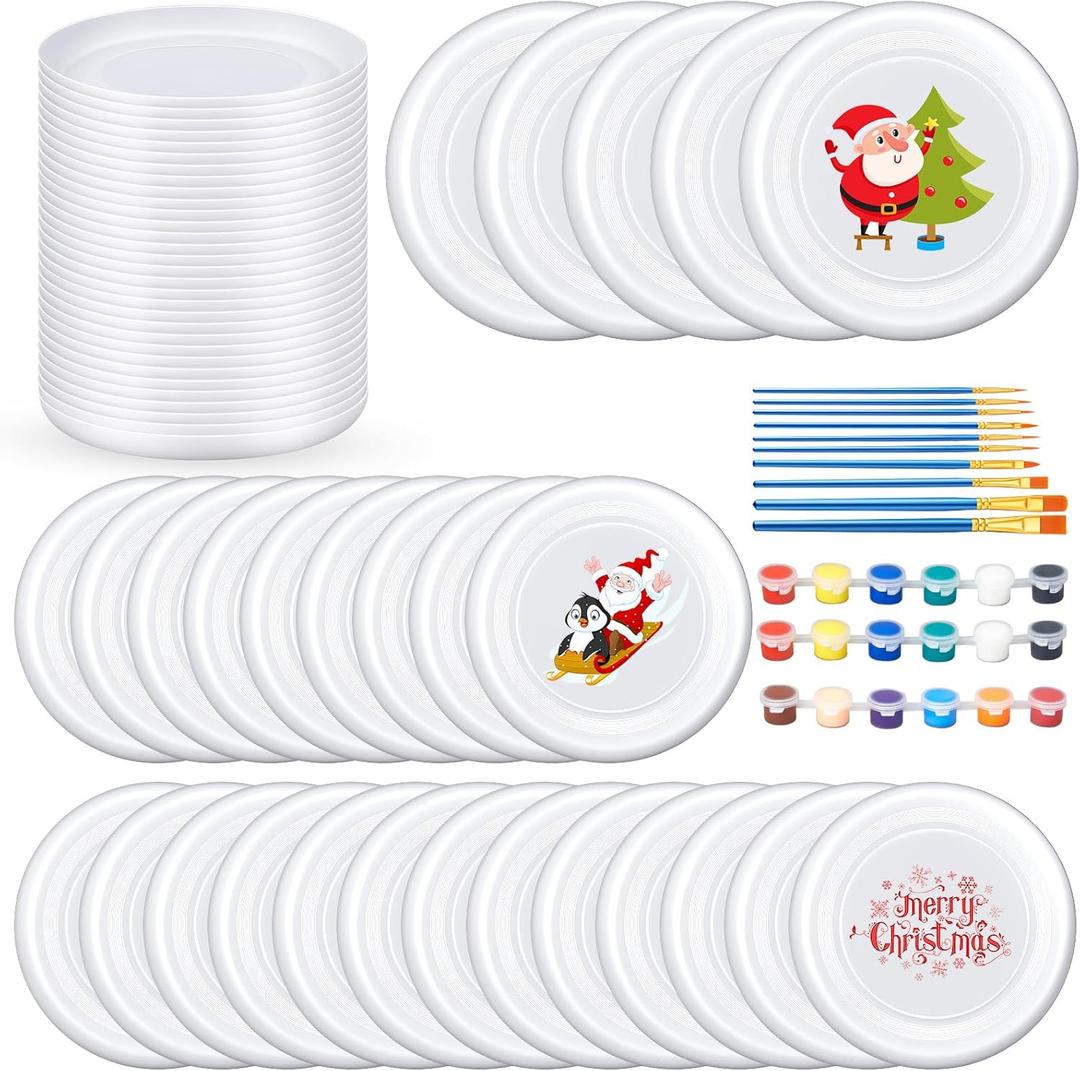 Tenceur 36 Pcs DIY Plastic Flying Disks Bulk 7 Inch Color Your Own White Flying Disc with 10 Paintbrushes and 3 Paints for Party Favors and Crafts Fun Home Activities Games