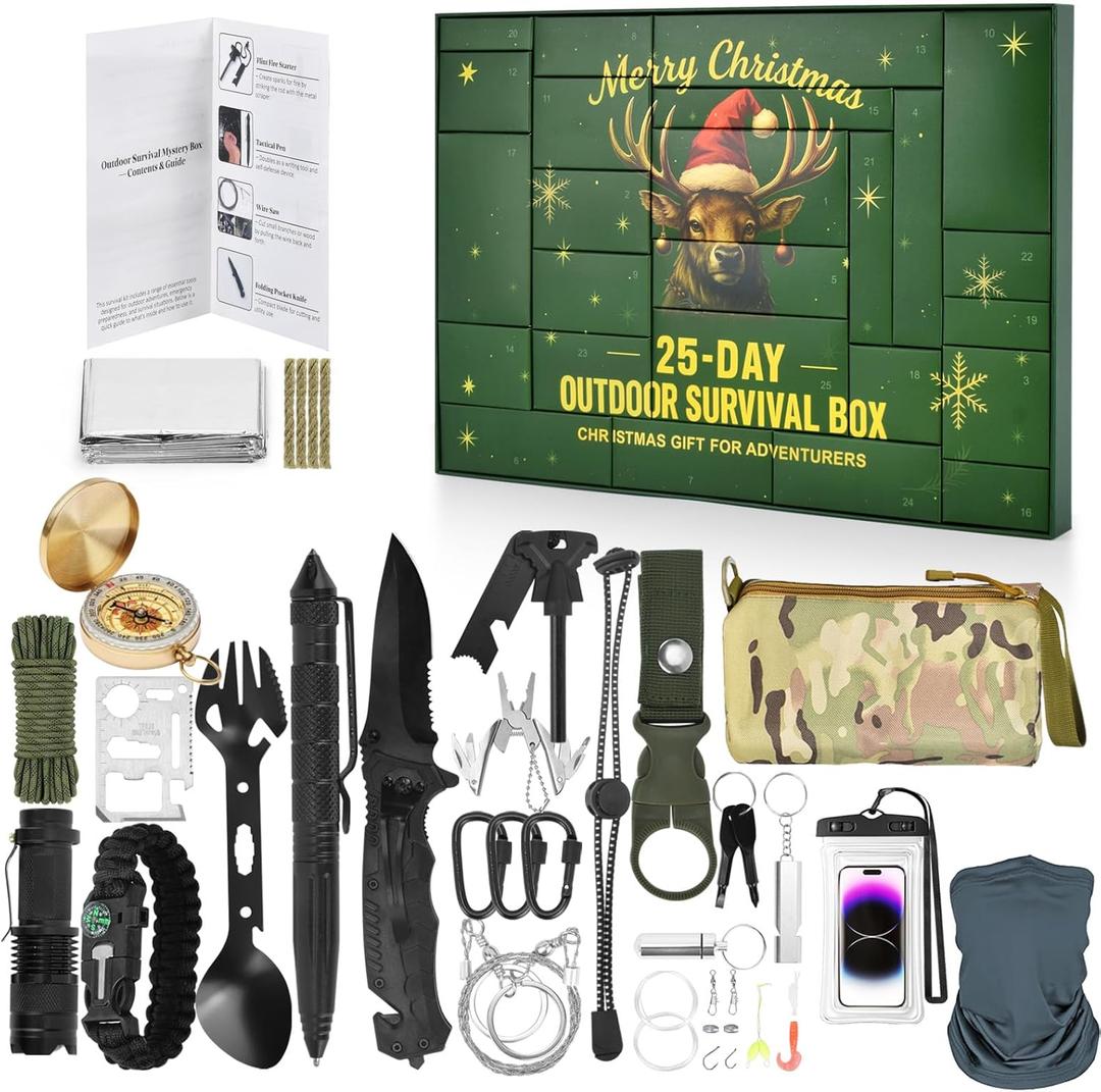 Survival Kit Advent Calendar -25 Days Christmas Countdown Calendar Emergency Survival Gears, Gift for Teen & Adult, 2025 Xmas Cool Gadgets for Outdoor Camping, Hunting,Fishing Adventure