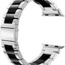 Wearlizer Compatible with Apple Watch Bands, Mens Womens Replacement Strap Silver Stainless Steel & Black Resin Wristband Fashion Metal iWatch, Size: 38/40/41/42mm(Series 11 10)