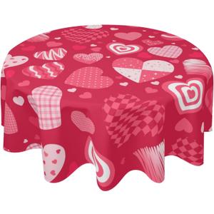 Valentine's Day Tablecloth Red and Pink Love Heart Round Tablecloth 60 Inch Valentines Day Pink Table Cloth for Farmhouse Kitchen Decor Polyester Fabric Holiday/Spring Table Cover for Party Outdoor