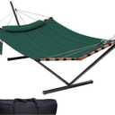 TegerDeger 12FT 2 Person Hammock with Stand Included 55 x 79IN Large Hammock 450LB Capacity with Hardwood Spreader Bar & Nylon Rope for Outside, Patio, Garden, Backyard, Beach, Poolside - Dark Green