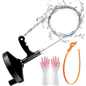 FLSEPAMB Drain Auger 25 Ft Plumbing Snake Snake Drain Clog Remove Tool Professional Sink Snake for Bathtub Drain, Kitchen Sink, Comes with Gloves and 25 Inch Snake Hair Clog Remover (Black)
