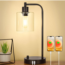 Industrial Table Lamp with 2 USB Charging Ports, Fully Stepless Dimmable Modern Nightstand Lamp, Glass Shade Bedside Desk Lamp for Bedroom Living Room Office, 6W 2700K LED Edison Bulb Included