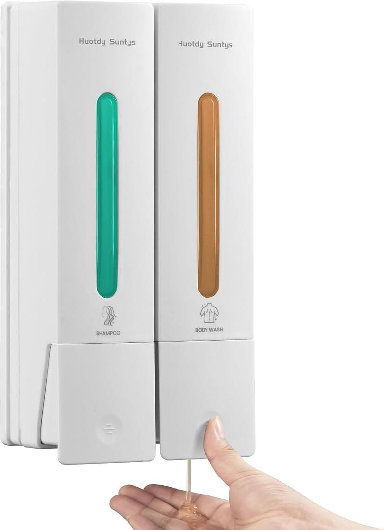 Shampoo and Conditioner Dispenser, Shower Soap Dispenser 2 Chamber No Drill Shampoo Dispenser for Shower Wall Mounted Shampoo Conditioner Body Wash Dispenser for Bathroom Hotel,Large 400ML*2,White