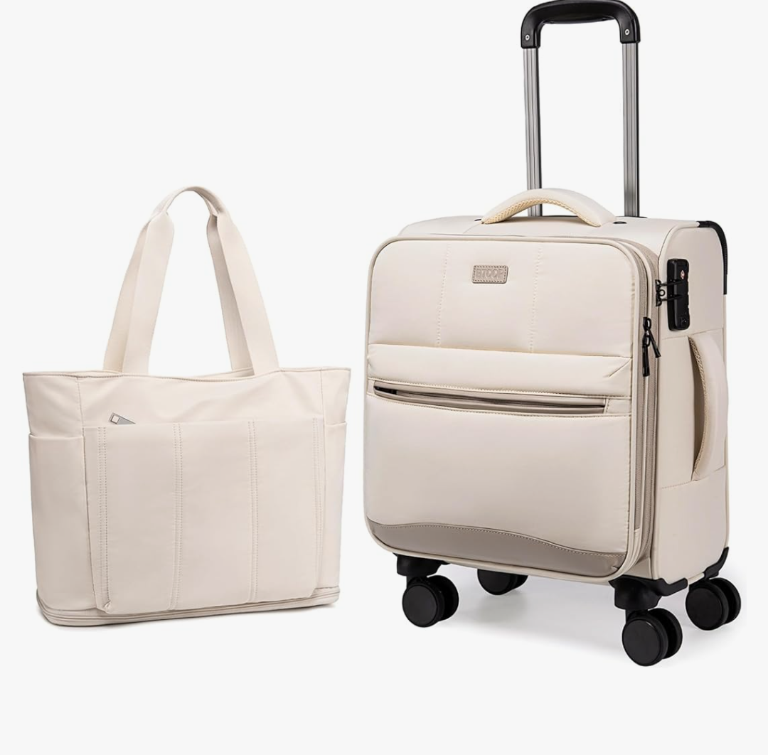 BTOOP 16 Inch Carry On Luggage with Tote Bag Luggage Sets Airline Approved TSA Lock Puffer Quilted Suitcases with Spinner Wheels Lightweight Soft Travel Luggage (Khaki)