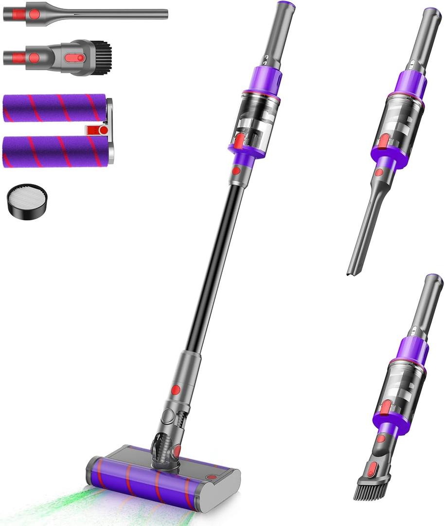 Dual Roller Cordless Vacuum Cleaner, 28Kpa Powerful Cordless Stick Vacuum Cleaner, 360 Flexible Glides, Max 45min Runtime, Rechargeable Lightweight Vacuum Cleaners for Home Pet Hair Hard Floor (Purple)