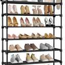 LANTEFUL 6 Tier Shoe Rack for Closet Shoe Organizer with 5 Hooks, Long Shoe Shelf Storage for Shoe and Boot Stackable Free Standing Shoe Rack for Entryway, Garage, Small Spaces, Dorm, Black