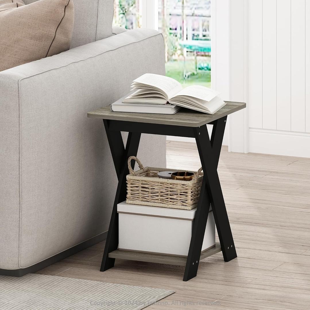 Furinno Modern X-Legs Side Table, Open Shelf End Table, Grey Oak, 1-Pack, X-Legs