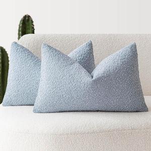 Foindtower Pack of 2 Modern Textured Boucle Lumber Throw Pillow Covers Accent Solid Decorative Pillow Cases Cozy Couch Cushion Case for Sofa Bed Living Room Home Decor, 12 x 20 Inch, Light Blue (Sky)