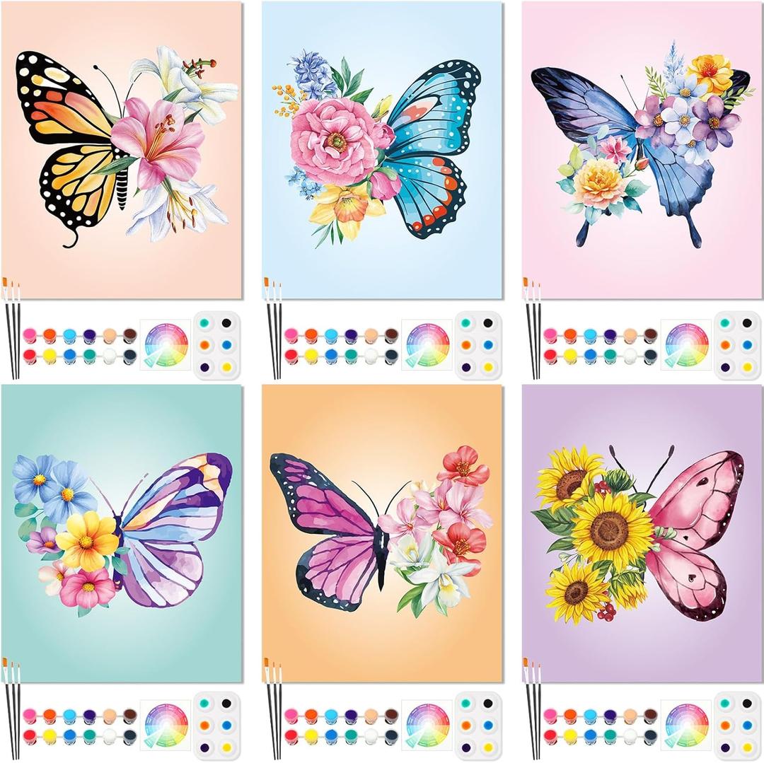 6 Pack Pre Drawn Canvas for Painting Pre Printed Canvas Kit 8 x 10 Inch Stretched Cotton Paint and Sip Set for Adults Couple Party Date Night (Butterfly)