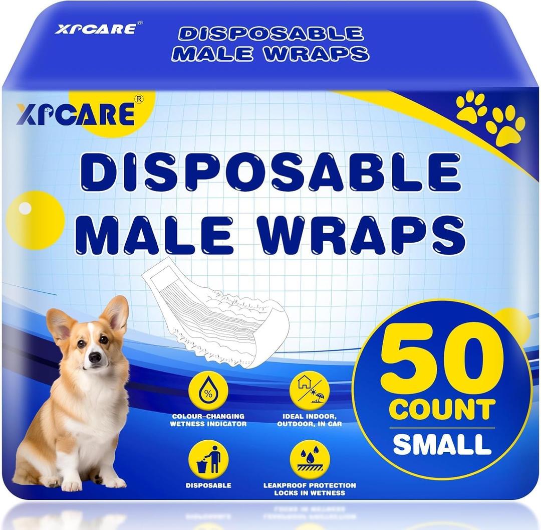XPCARE 50 Count Disposable Male Dog Diapers, Male Dog Wraps,Super Absorbent Leak-Proof Fit (Small)