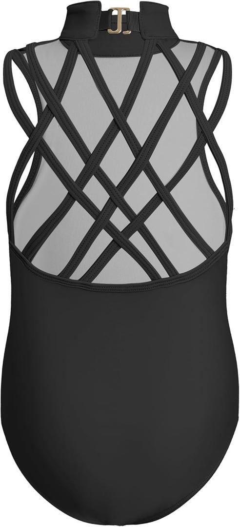 Phineein High Neck Gymnastics Leotard with G-hook Closure Sleeveless Criss-cross Backless Dance Leotard (10-12 Years, Black)