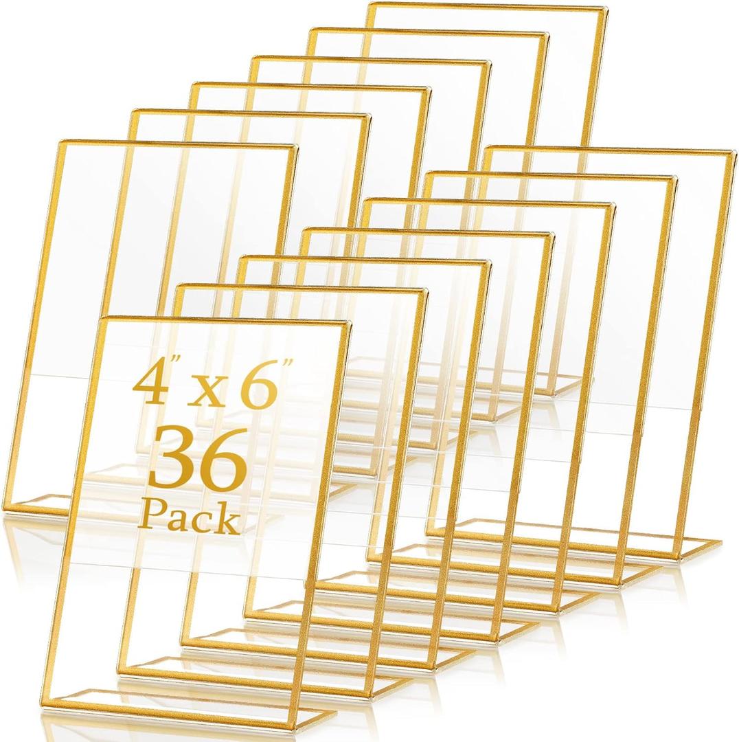 36 Pack Acrylic Sign Holder Gold Frame Table Numbers Slanted Back Menu Display Stand Clear Flyer Document Photo Display Holders Plastic Table Signs for Wedding Office(Vertical Style,4 x 6 Inch)