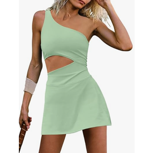 AMISSCHE Womens Tennis Dress Built with Bra and Shorts Workout One Shoulder Mini Dress Athletic Cut Out Golf Dress, Size XS