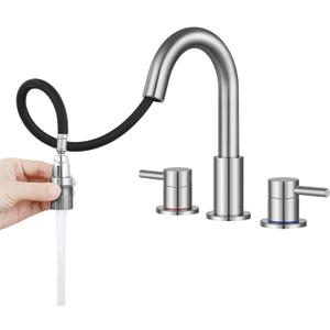 FGKQ Bathroom Faucet 3 Hole Brushed Nickel with Pull Down Sprayer 2 Modes, Pull Down Bathroom Sink Faucet with Pop Up Drain, 8 Inch Widespread Bathroom Faucet