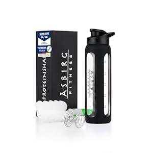 Asbirg Fitness | 24 oz Glass Protein Shaker Bottle – BPA-Free, Leakproof Lid, Stainless Steel Mixing Ball & Silicone Sleeve – Gym Shaker for Smoothies, Shakes & Pre-Workout – Black