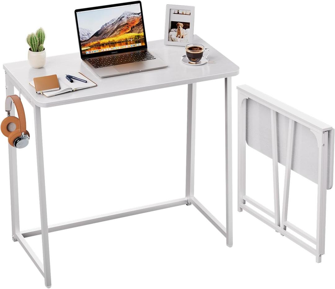 WOHOMO Folding Desk, 31.5" Small Desk for Small Spaces, Easy Assemble Foldable Computer Desk for Laptop, Mini Portable Working Table Narrow Wooden Writing Workstation for Home Office, White