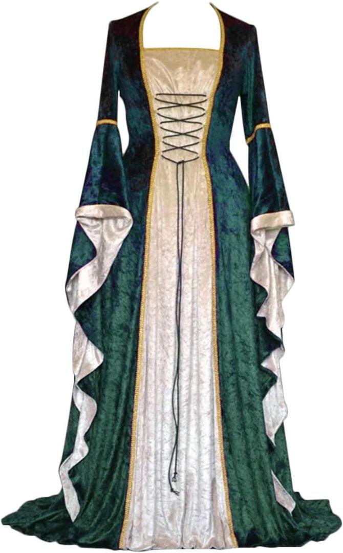 YEAXLUD Womens Renaissance Medieval Costume Dress Lace up Irish Over Long Dresses Cosplay Retro Gown (Green, XXXL)