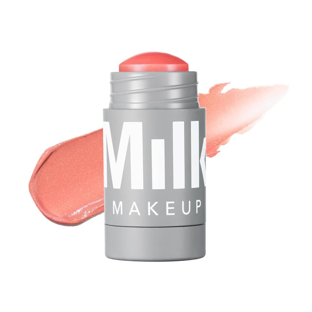 Milk Makeup Lip + Cheek Stick  Buildable Cream Blush + Lip Color w/Hydrating Mango Butter + Avocado Oil for a Natural Flush  Long-Lasting, Multiuse, Vegan Formula (Perk - Shimmery Coral)
