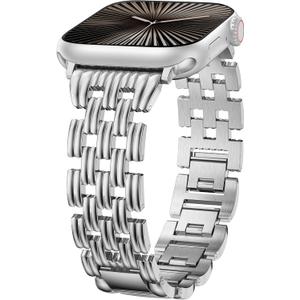 Minyee Compatible with Apple Watch Band Women 42/41/40/38/44/45/46/49mm, Dressy Starlight Gold Shiny Basketweave Designer Stainless Steel Metal Strap for iWatch Series 11 10 9 8 7 6 5 3 2 1 SE Ultra (Silver)