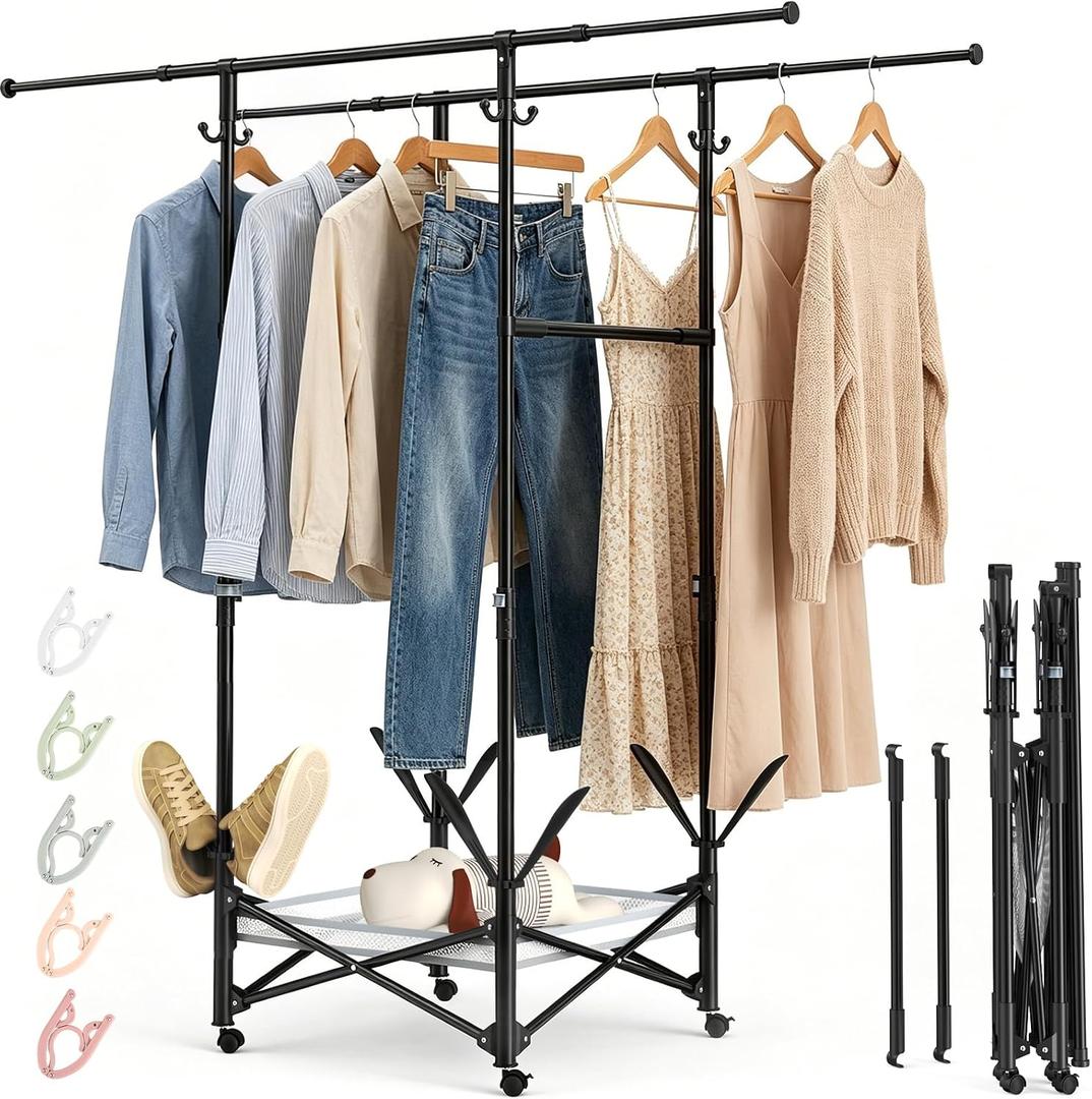 Portable Foldable Clothes Drying Rack - Adjustable Double Extendable Rods (33.1” to 56.7”) -Portable Coat Rack for Travel, Camping, Drying, RV, Indoor, Outdoor, Easy Assemble (Black), 55CM x 55CM x 155CM