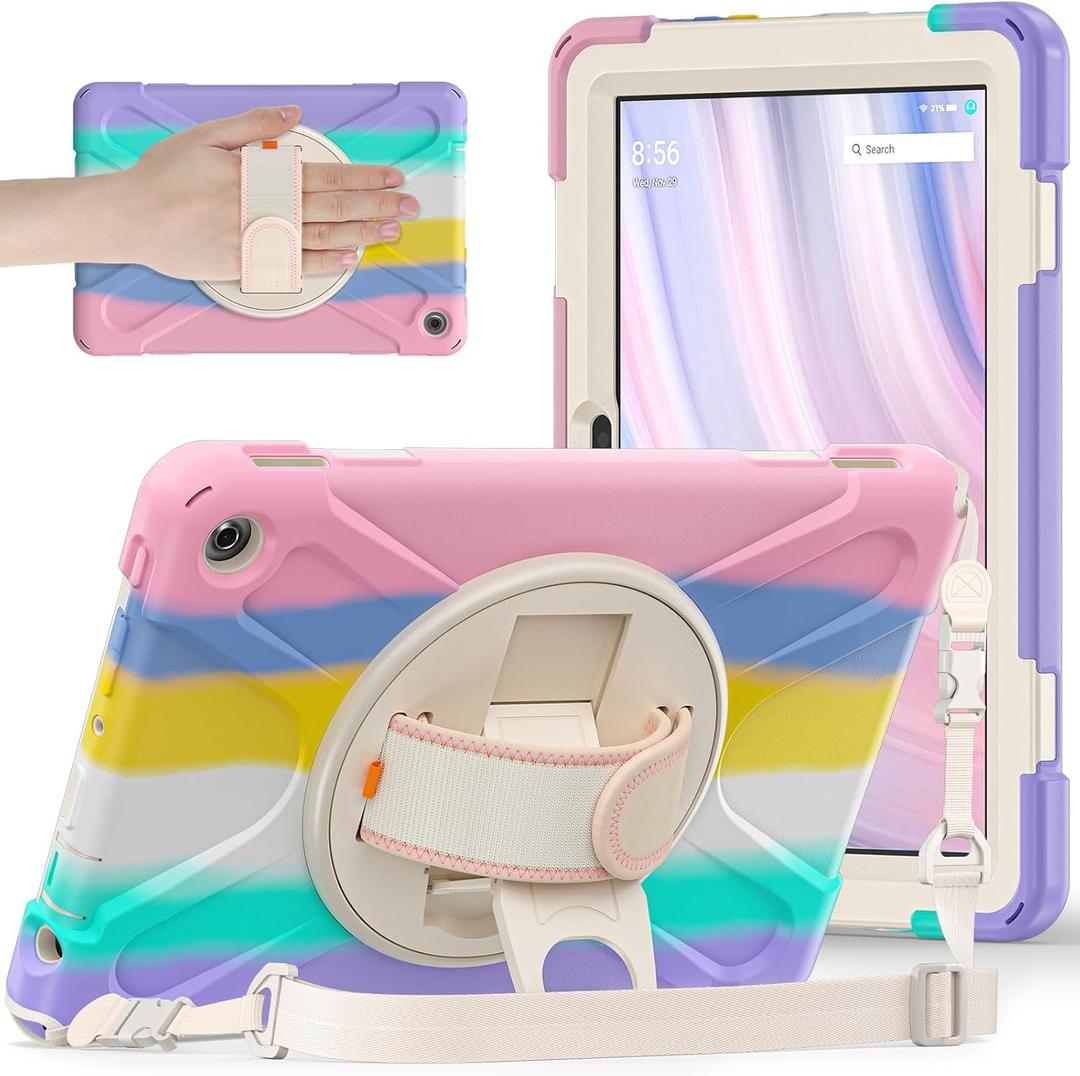 for Amazon Fire HD 10 & Fire HD 10 Kids Pro Tablet Case (13th Gen, 2023 Release), Heavy Duty Shockproof Case with Hand/Shoulder Strap Rotating Kickstand, Colourful Pink