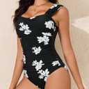 VECENEY One Piece Bathing Suit for Women Tummy Control Swimsuits Square Neck Ruched Modest Swimwear Floral Black White M