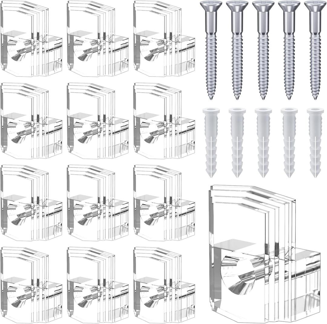Mirror Holder Kit - 22 Crystal Clear Plastic Clips, Glass Retainer Clips, Hanging Kit with Screws and Fixed Mirror Box Door