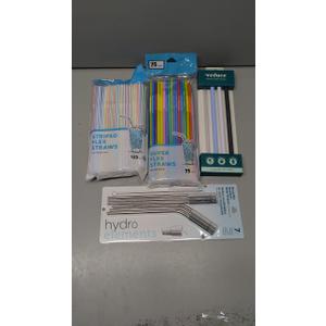 Straws 4 Pack: 200 Plastic Colorful Super Flex Straws and 10 Reusable Stainless Steel Straws